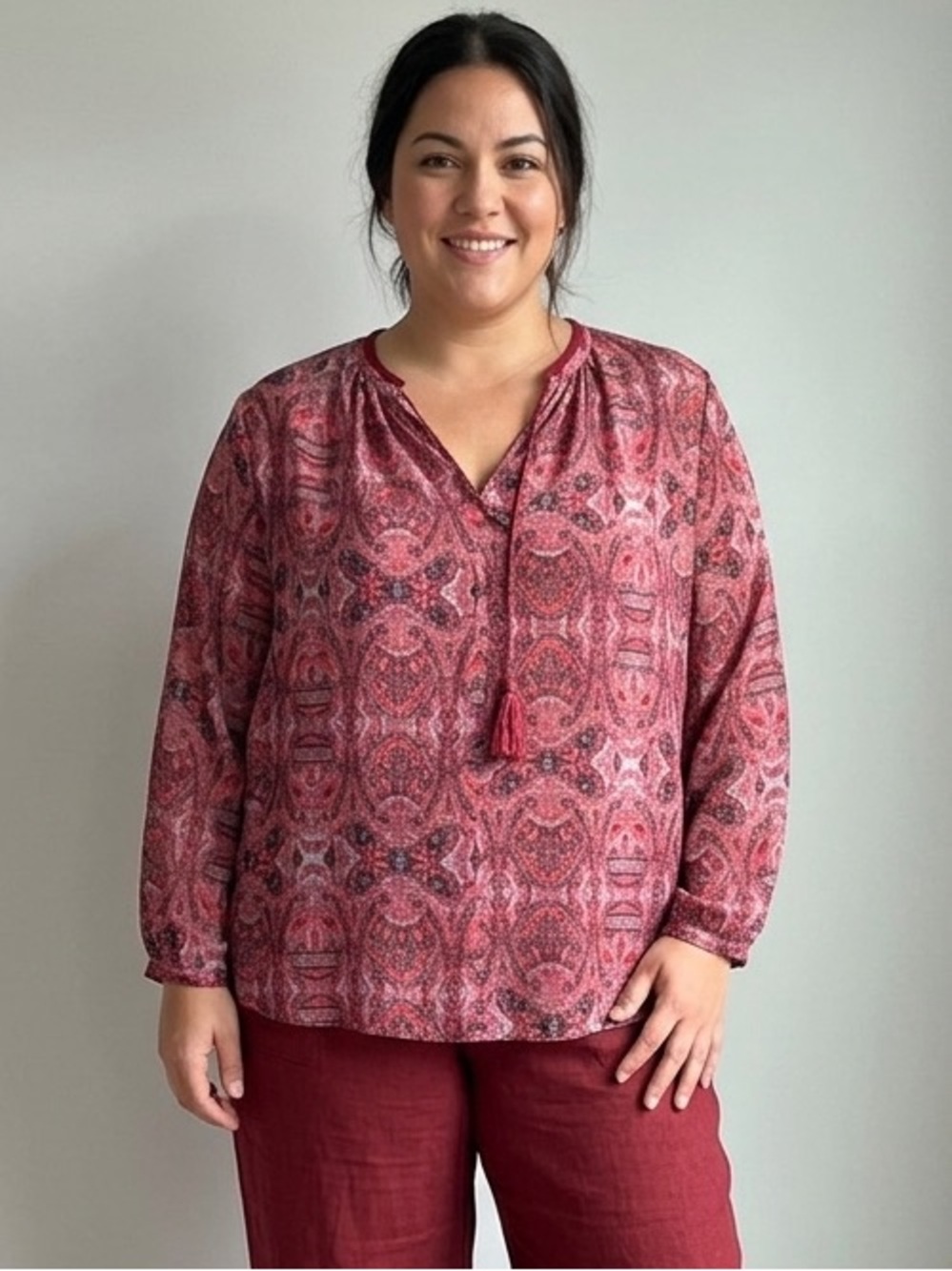 Lucky Brand Women's Red Boho Peasant Blouse Tunic Top 2X Fringed Long Sleeve